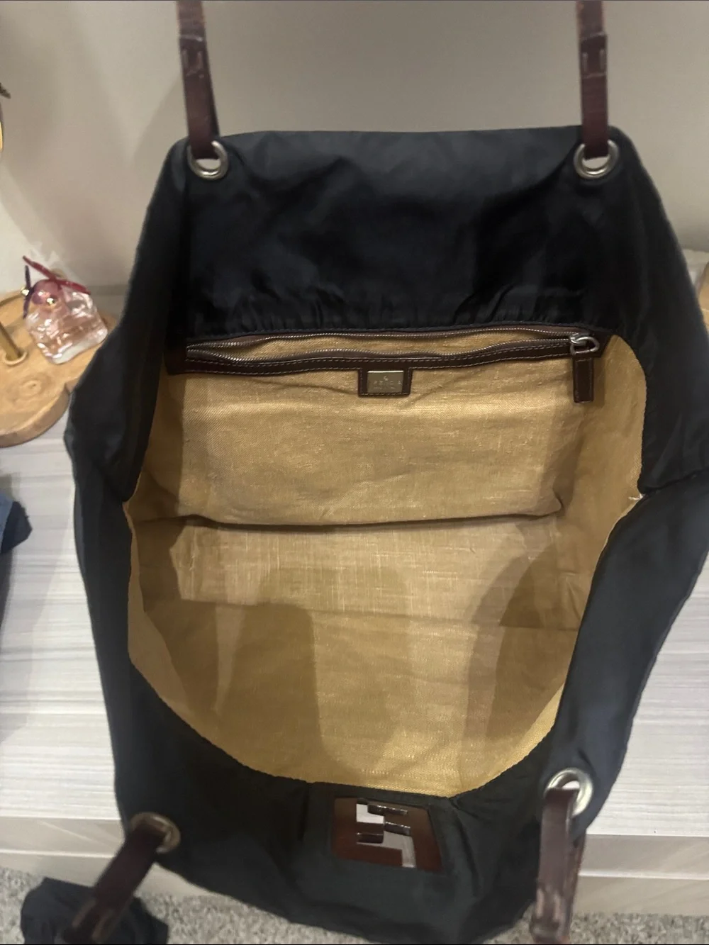 Fendi Black Tote with Brown Leather Handles